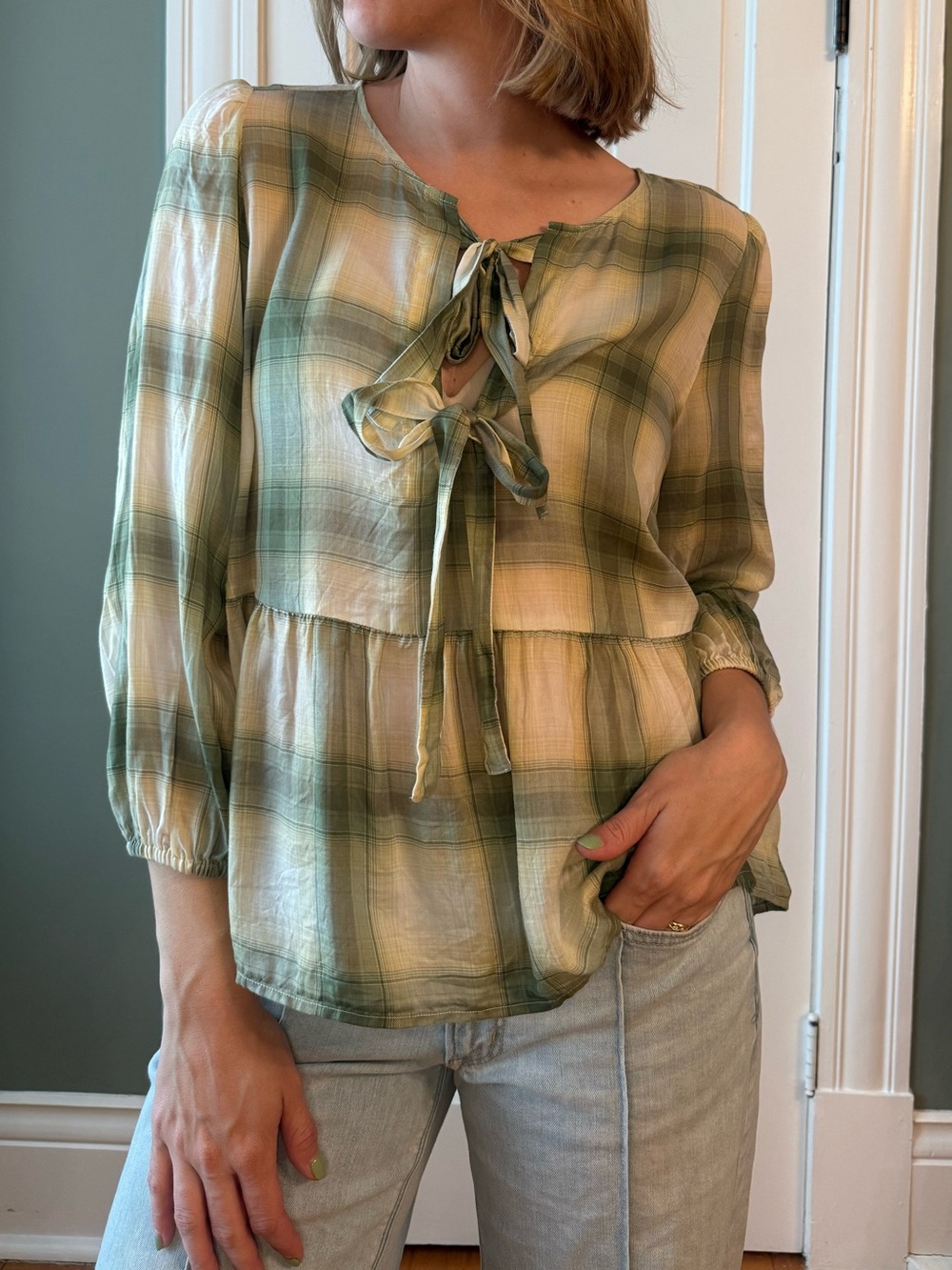 LOFT Green and Cream Plaid Tie-Front Peasant Blouse